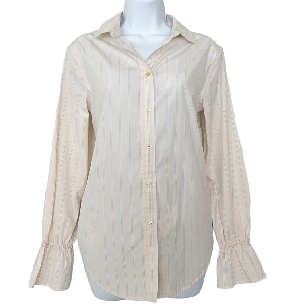 Frame Denim Bell Sleeve Button Down Shirt Light Light Pink w Blue Stripes XS